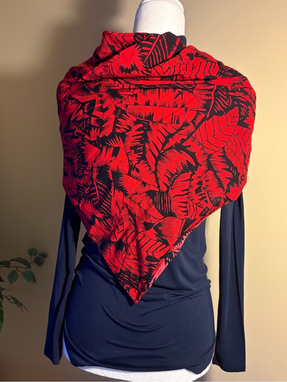 EUC Fashion Scarf/Wrap Rich Ruby Red and Black Tropical Leaves